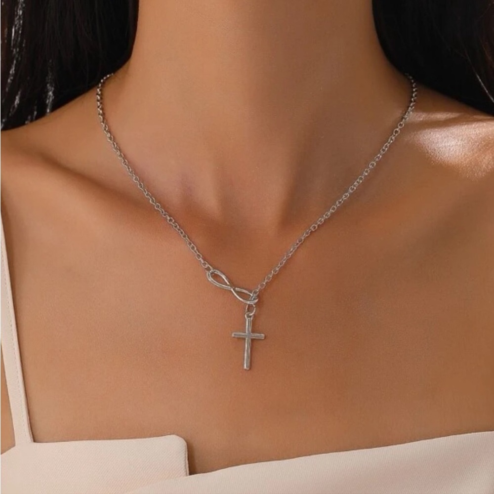 SILVER CROSS INFINITY SLIDE THRU NECKLACE - Picture 2 of 4